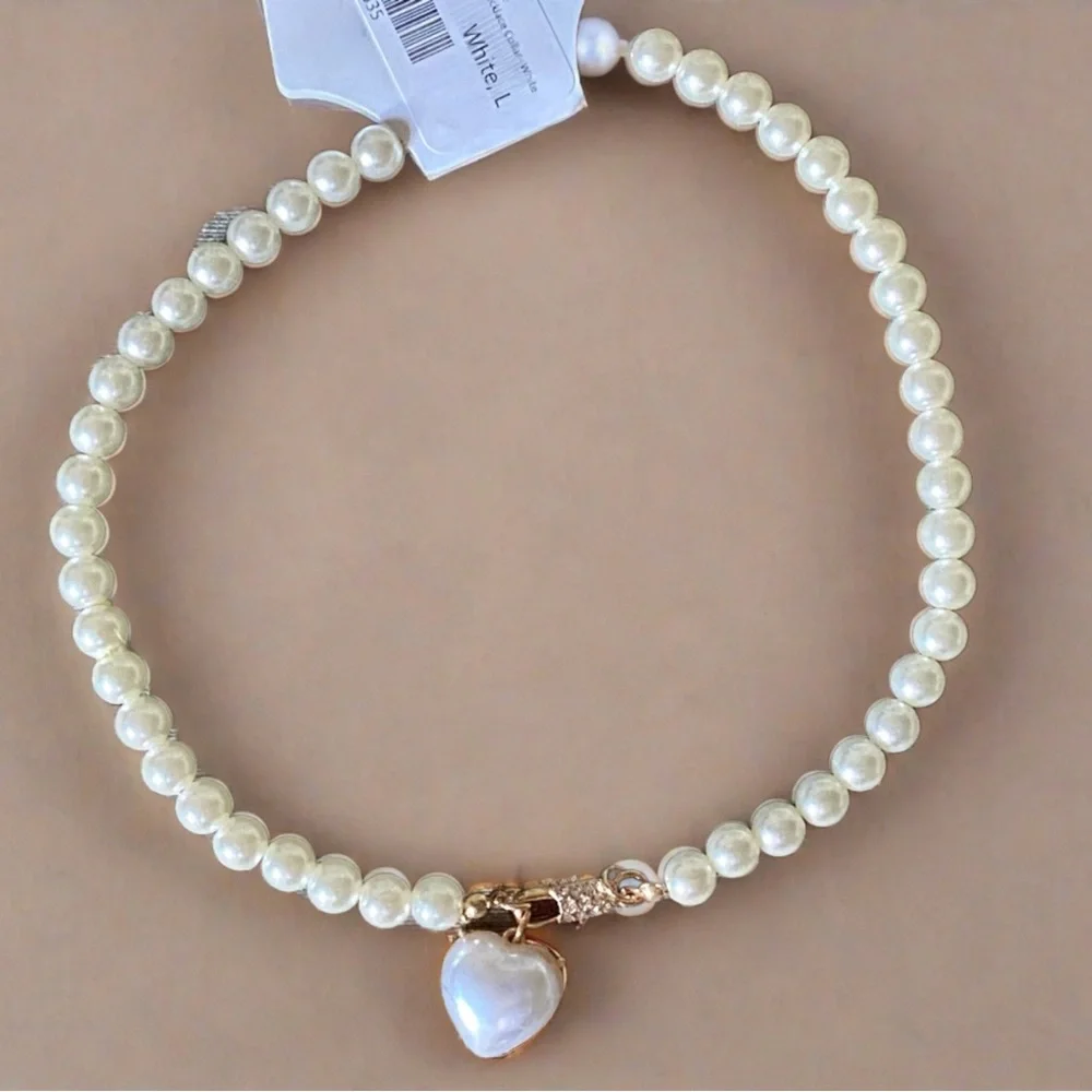 Bark Fifth Avenue – Heart & Pearl Pet Necklace Rhinestone Clasp Size Large